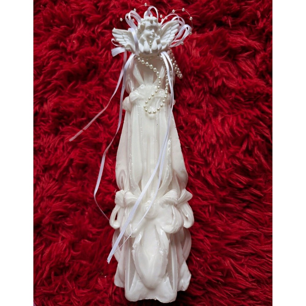 White Angel Cherub Decorative Candle Pearls Ribbons Vintage Home Decor